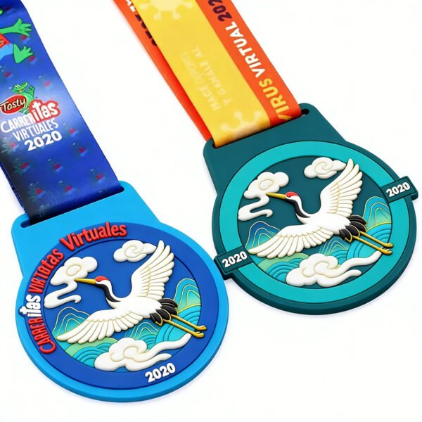Chinese Crane PVC Medal With Lanyard Chinese Style Red-crowned Crane PVC Medal Charms With Printed Lanyards Wholesale Virtual Race Souvenir