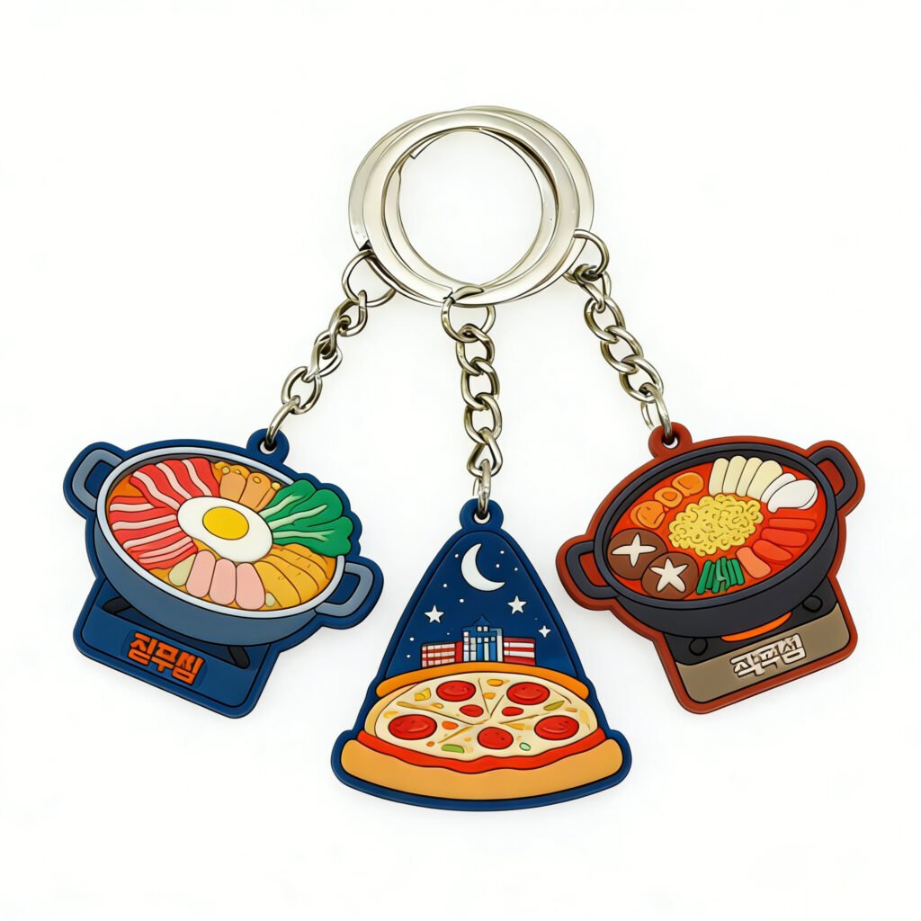 Customized PVC keychains showing 2D layered, 3D molded, and high-definition printed designs