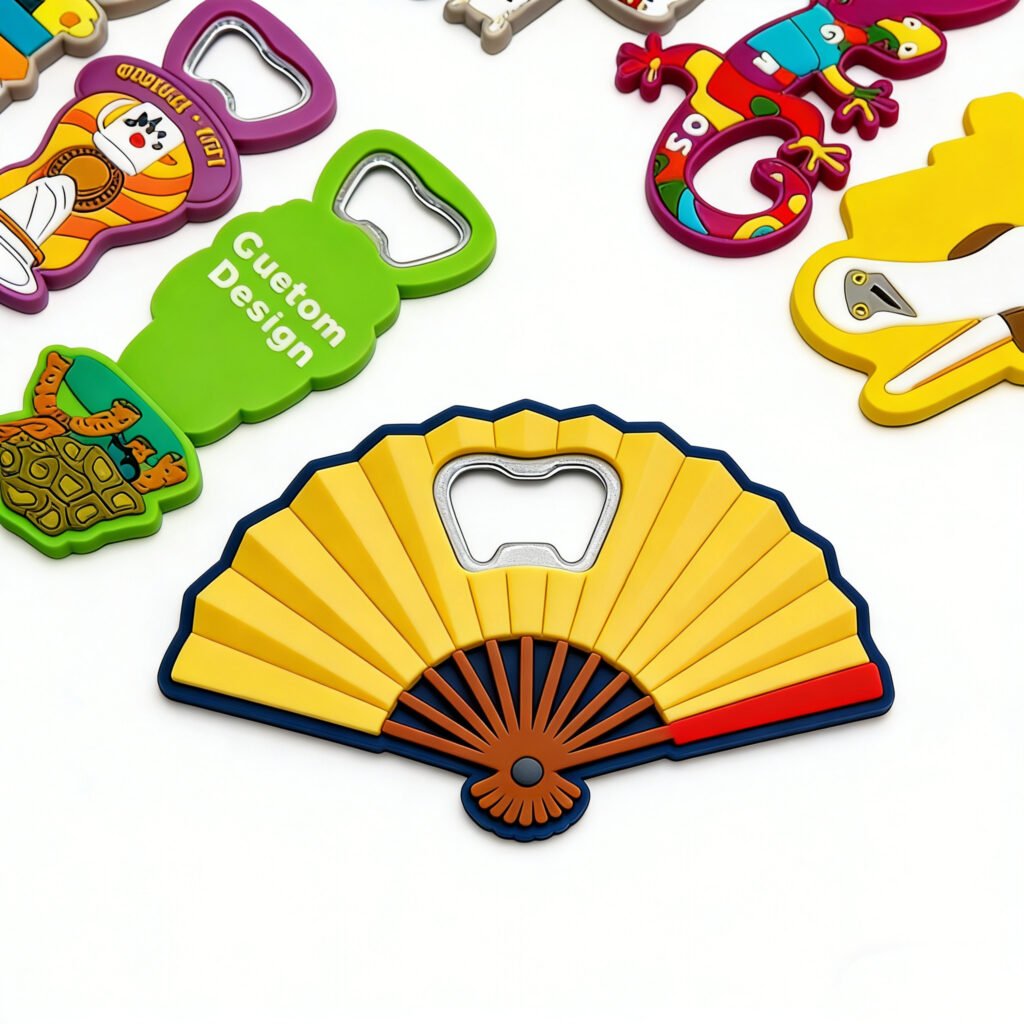 Custom wholesale 2D PVC fan and cartoon shaped bottle opener set, colorful decorative beer openers