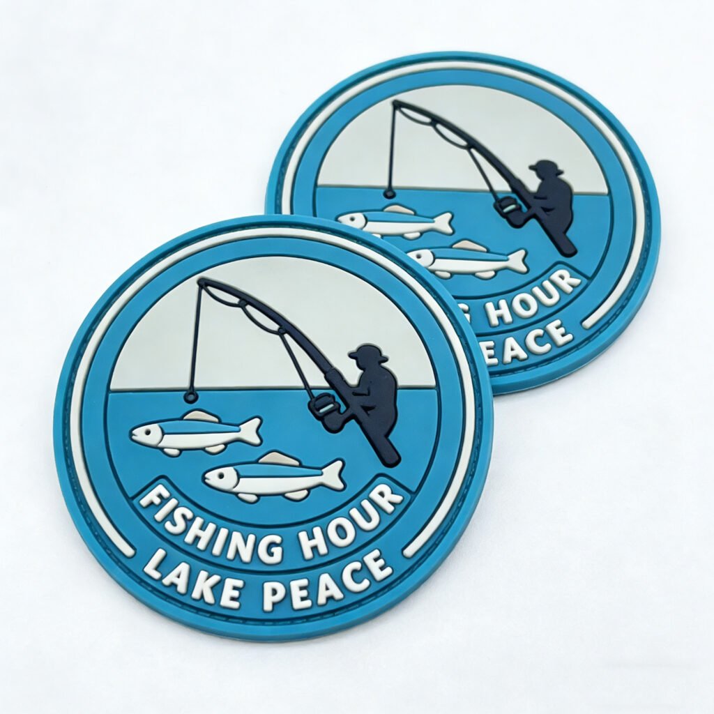 Custom wholesale 2D PVC round fishing theme hook and loop patch, outdoor fisherman lake decorative badge