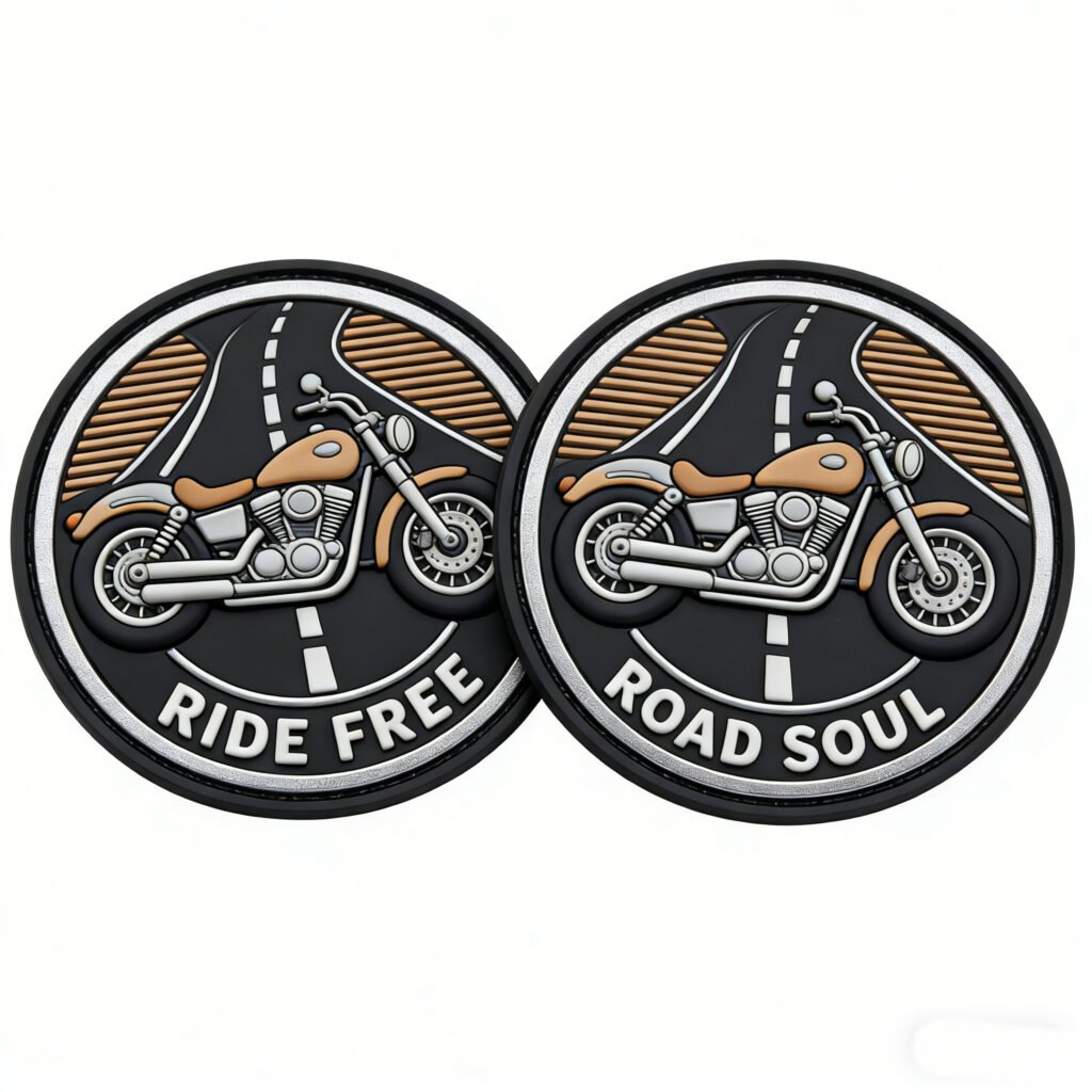 Custom wholesale 2D PVC round motorcycle road theme hook and loop patch, retro biker motorbike decorative badge