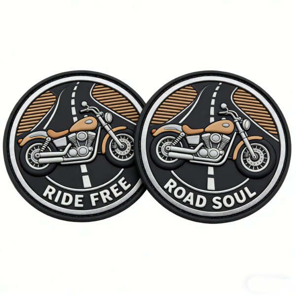 Custom wholesale 2D PVC round motorcycle road theme hook and loop patch, retro biker motorbike decorative badge