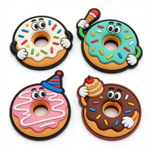 Custom wholesale 3D PVC cute cartoon donut hook and loop patch set, colorful food themed velcro patches