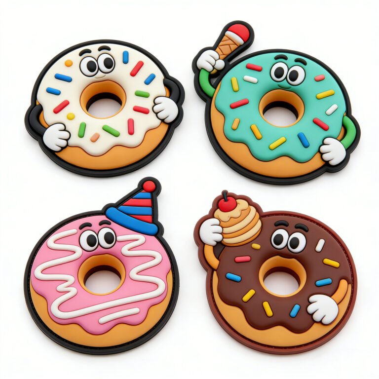 Custom wholesale 3D PVC cute cartoon donut hook and loop patch set, colorful food themed velcro patches