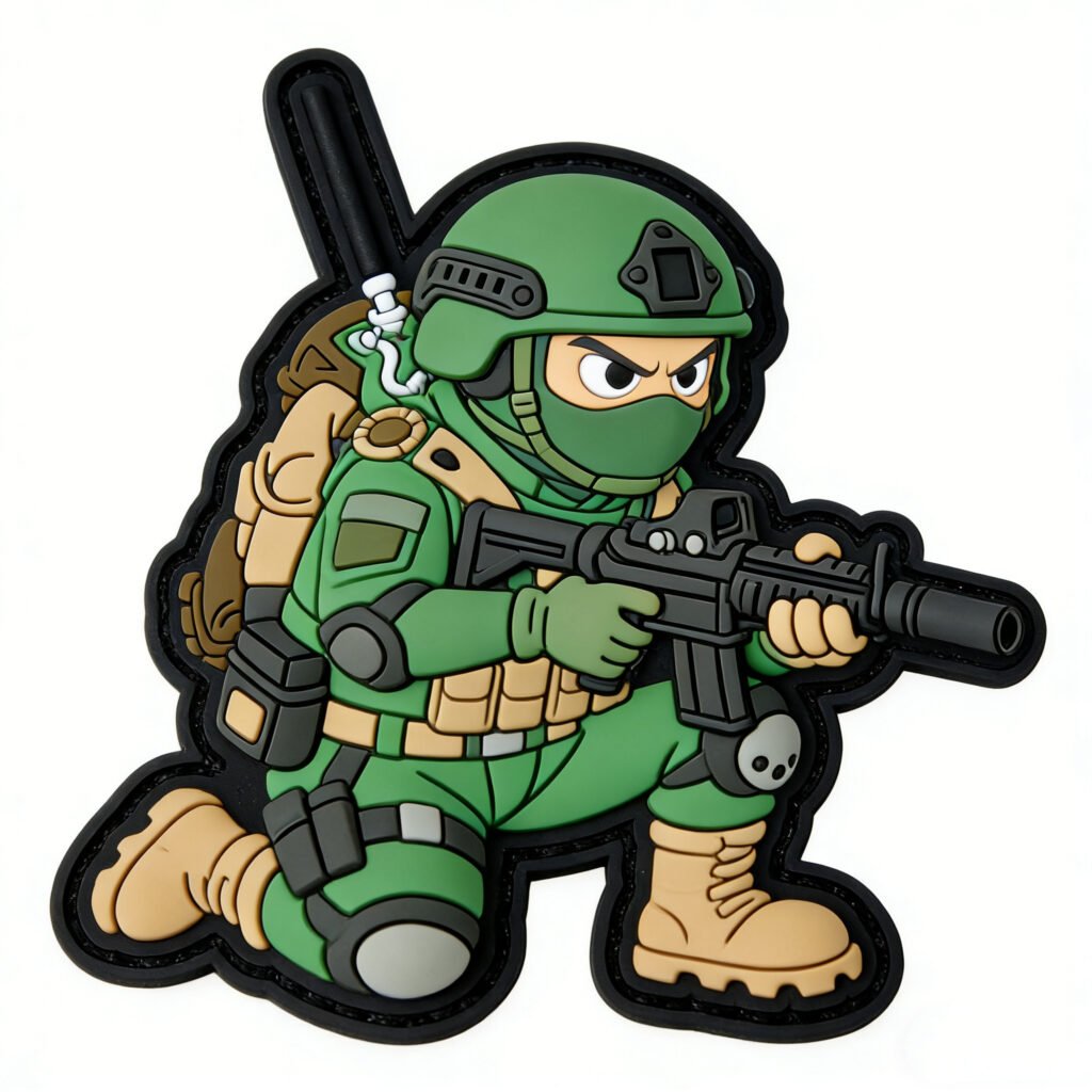 Custom chibi-style tactical assaulter PVC Velcro patches featuring a cartoon soldier in full green tactical gear kneeling in a firing stance with a rifle; black border outline; designed for tactical backpacks, outdoor apparel, and military enthusiast gear.