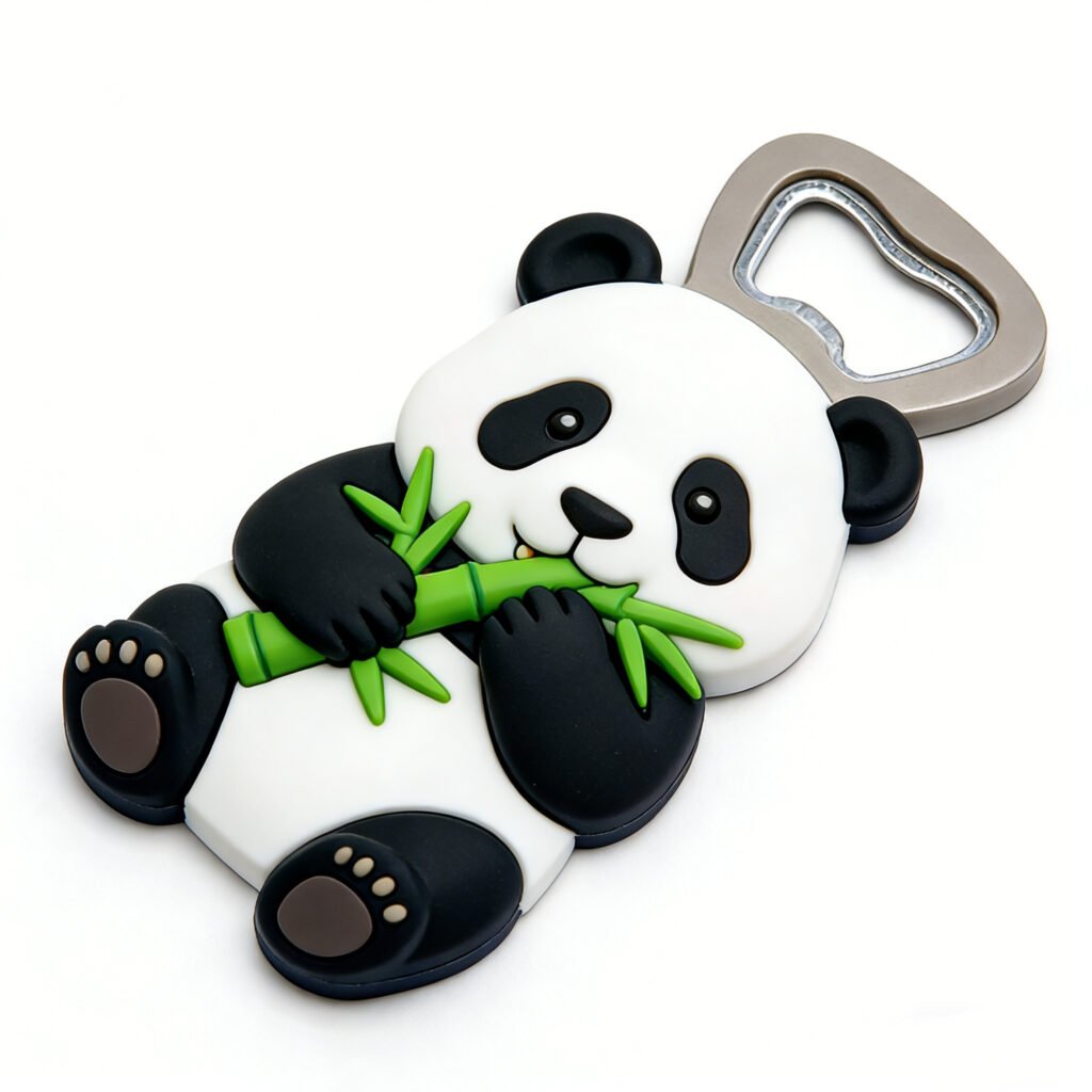 A custom PVC bottle opener shaped like a cute cartoon panda lying on its back, hugging a green bamboo stalk. It has a classic black-and-white color scheme with green accents. The top features a silver metal bottle cap lifter, and the back contains a strong magnet, allowing it to function as both a practical tool and a decorative fridge magnet.