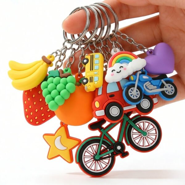 Custom wholesale 3D PVC cute cartoon fruit and vehicle keychain charms, colorful pendant key accessories