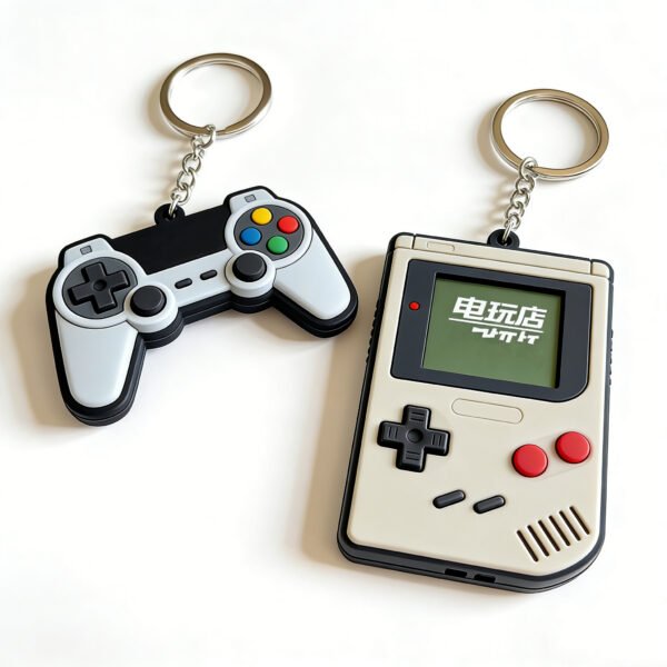 Custom wholesale 3D PVC retro game controller and handheld console keychain, gaming themed key pendants