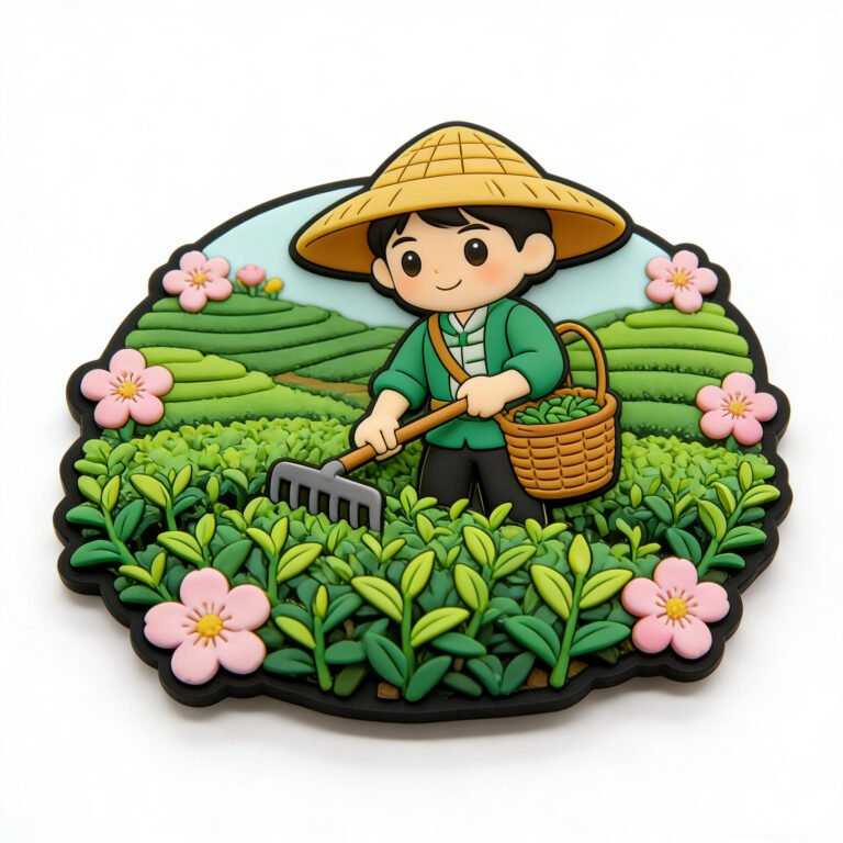 Custom wholesale 3D PVC round farmer tea garden fridge magnet, cute cartoon rural pastoral decorative refrigerator sticker