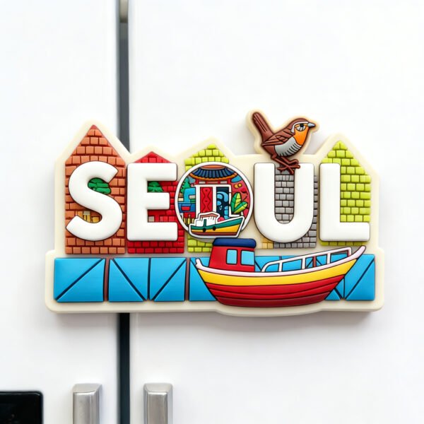 Custom wholesale 3D PVC Seoul city letter fridge magnet, Korean traditional building boat bird travel souvenir magnet
