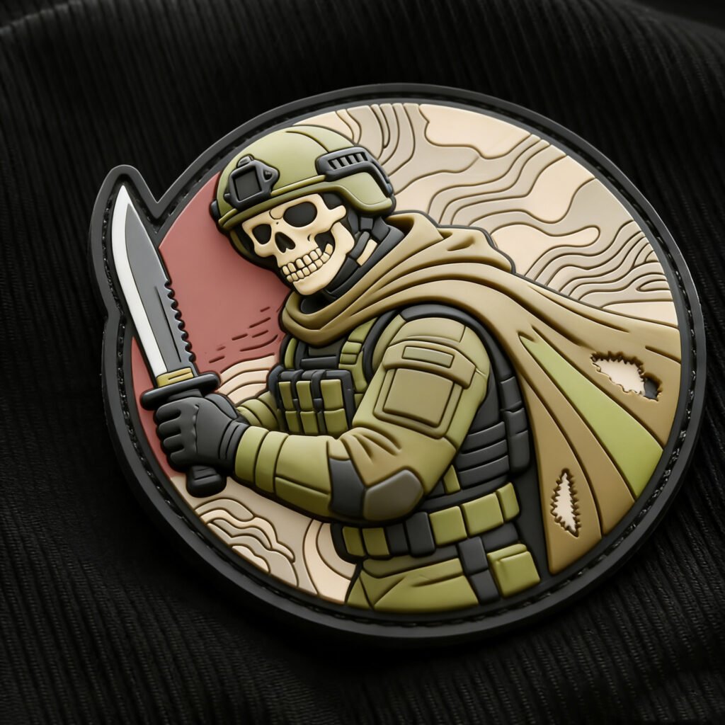 Custom wholesale 3D PVC skull soldier hook and loop tactical patch, military skeleton warrior design