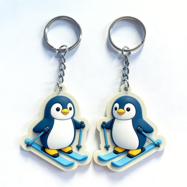 3D Cute Skiing Penguin PVC Keychains Wholesale Winter Sports Animal Soft Rubber Key Chains
