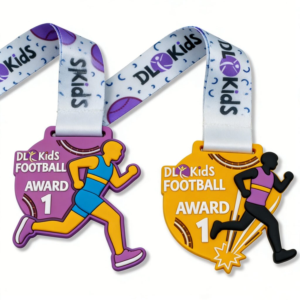 Custom PVC kids running sports medal, football themed award medal with lanyard
