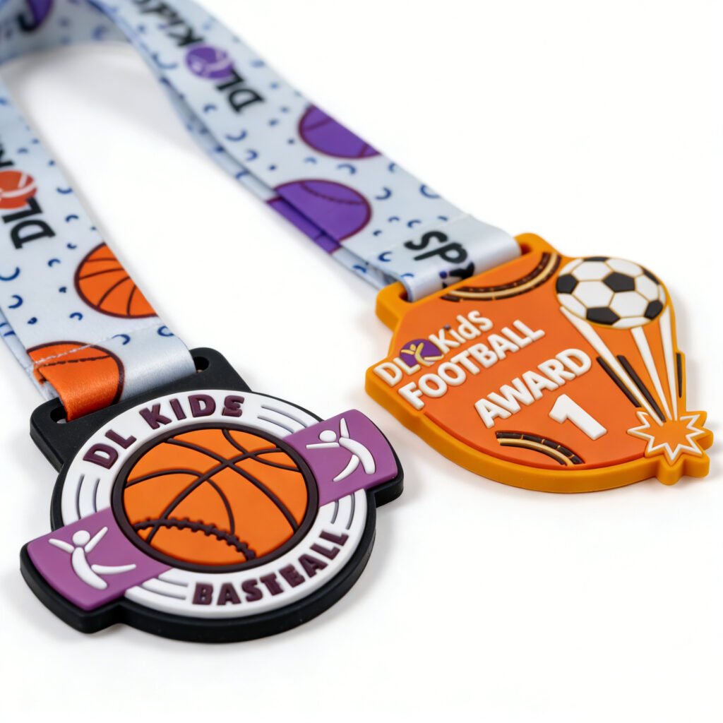 Dual-color custom PVC medals set featuring an orange football and a purple baseball design with "DL KIDS" branding; paired with sublimated ribbons printed with assorted ball graphics, tailored for children’s and youth sports events.