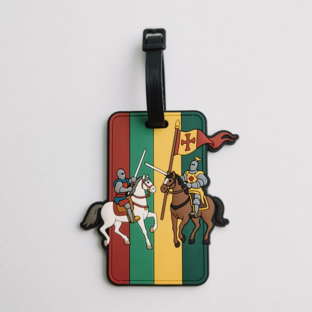 Custom wholesale PVC medieval knight horse flag luggage tag, vintage warrior cartoon travel baggage tag