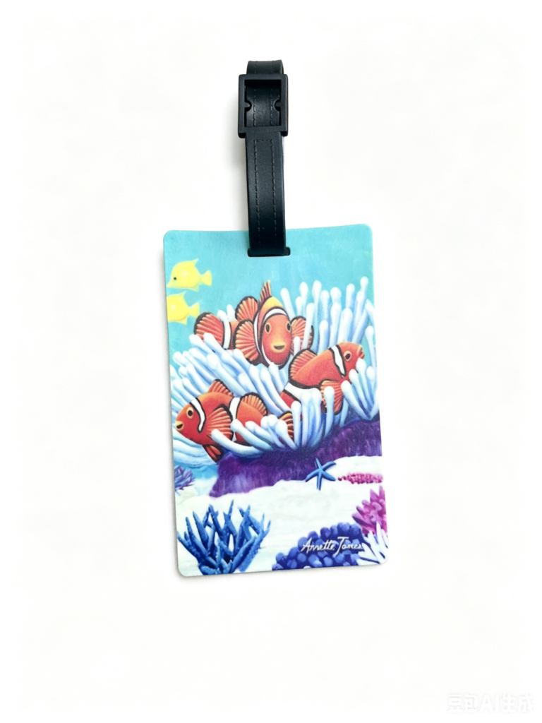 Custom wholesale PVC ocean clownfish coral luggage tag, colorful underwater marine life travel baggage tag