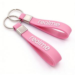 Custom wholesale pink PVC silicone realme logo wrist strap keychain, brand promotional key holder