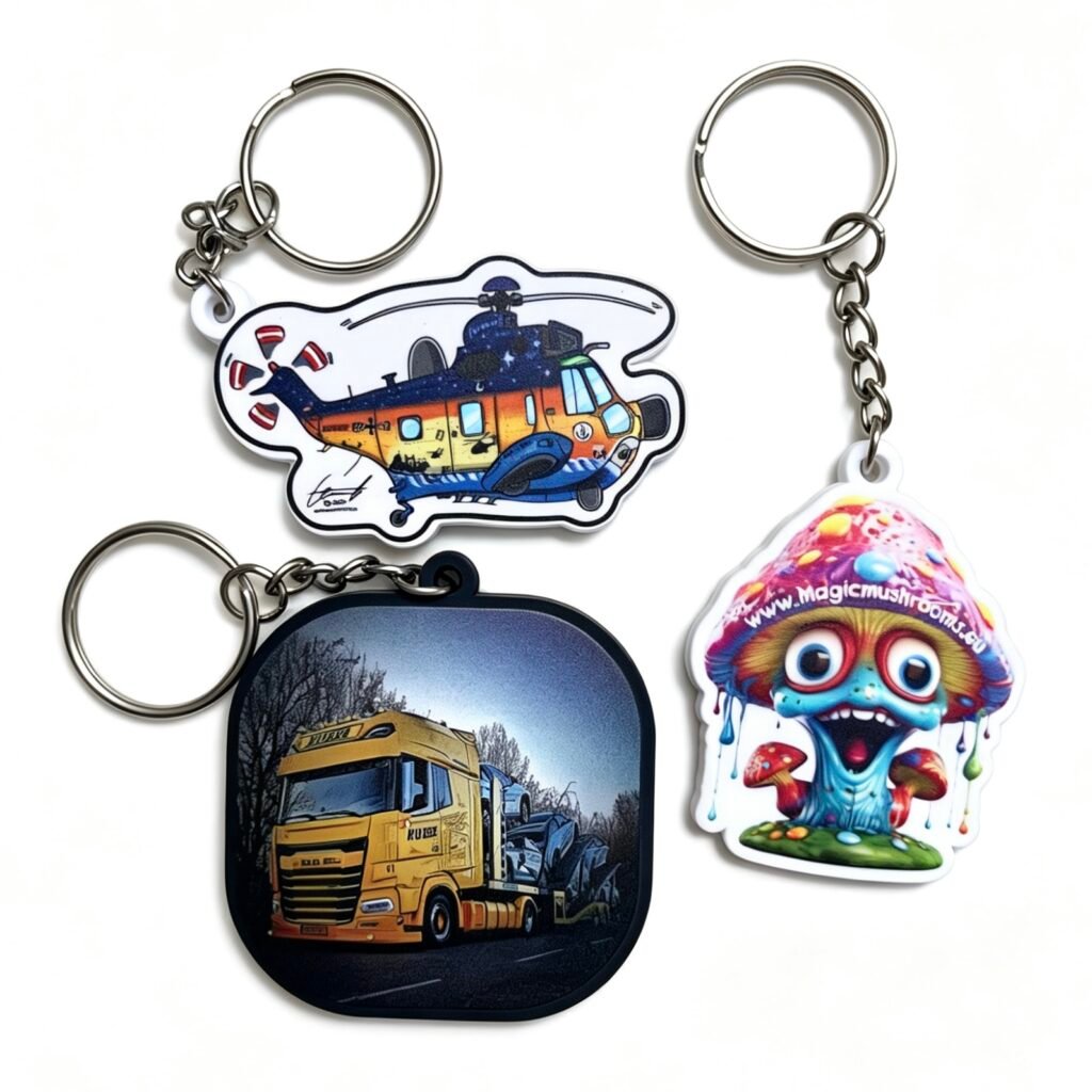 Customized PVC keychains showing 2D layered, 3D molded, and high-definition printed designs