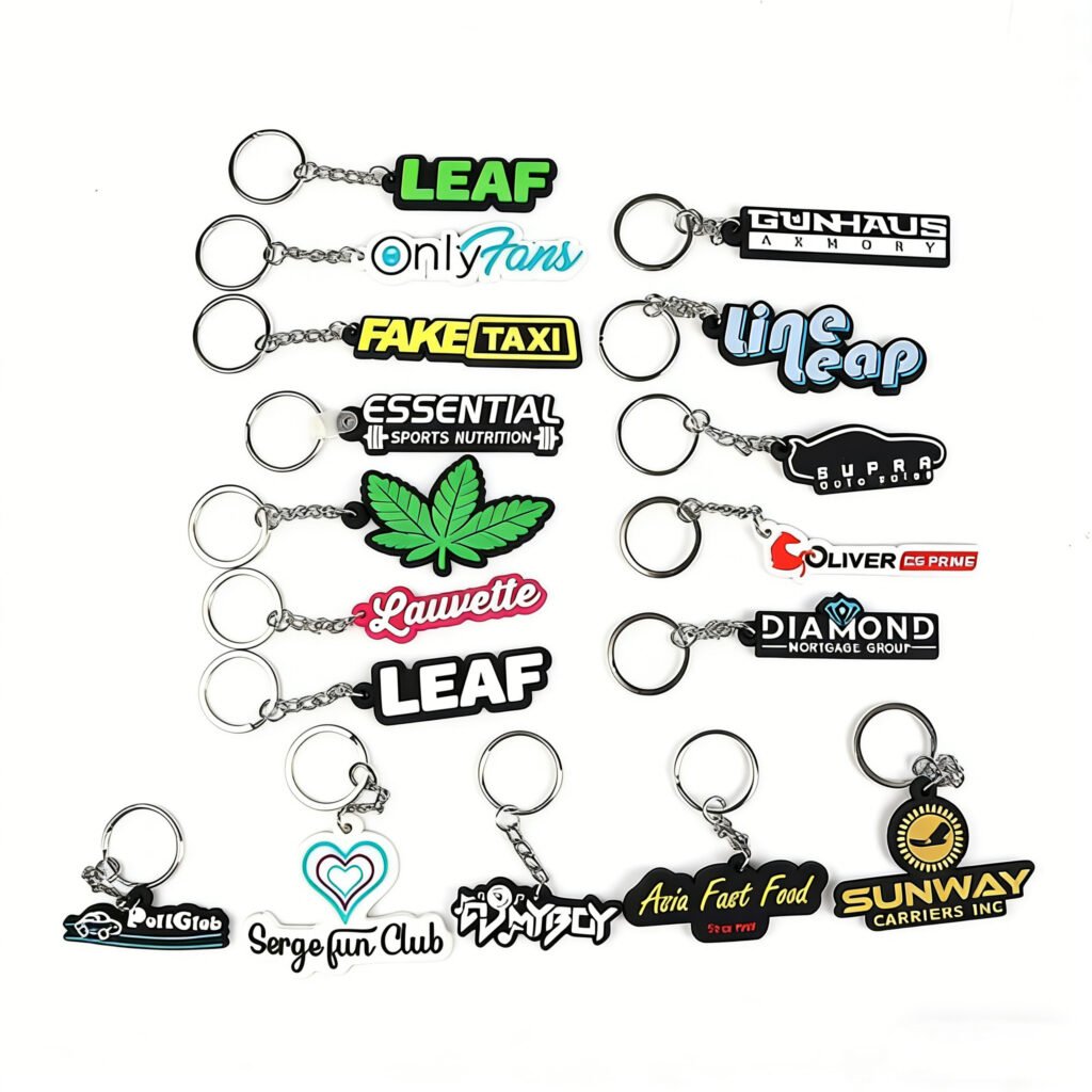 Custom Logo Text PVC Keychains Wholesale 2D Soft Rubber Brand Name Key Fobs For Promotional Gifts