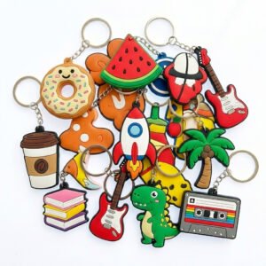 Custom wholesale PVC assorted cute cartoon keychain, mixed fruit dinosaur rocket guitar coffee cup metal key ring charm