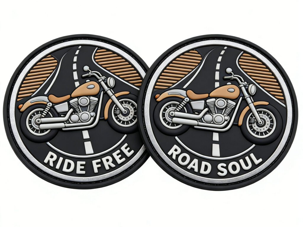 Custom wholesale 2D PVC round motorcycle road theme hook and loop patch, retro biker motorbike decorative badge
