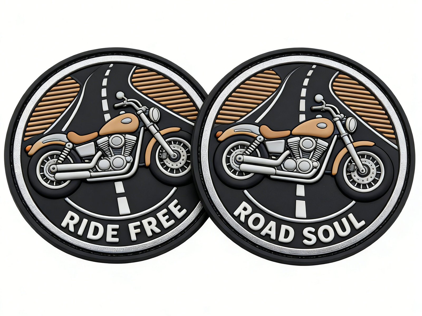 Custom wholesale 2D PVC round motorcycle road theme hook and loop patch, retro biker motorbike decorative badge