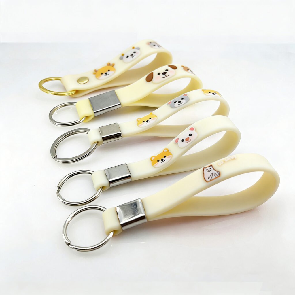 A set of custom silicone wrist strap keychains in soft milky white. The straps feature raised 3D cartoon animal heads, including a Shiba Inu, West Highland White Terrier, and a gray mouse, all with soft, healing expressions. They are fitted with silver square connectors and double-ring metal keyrings.