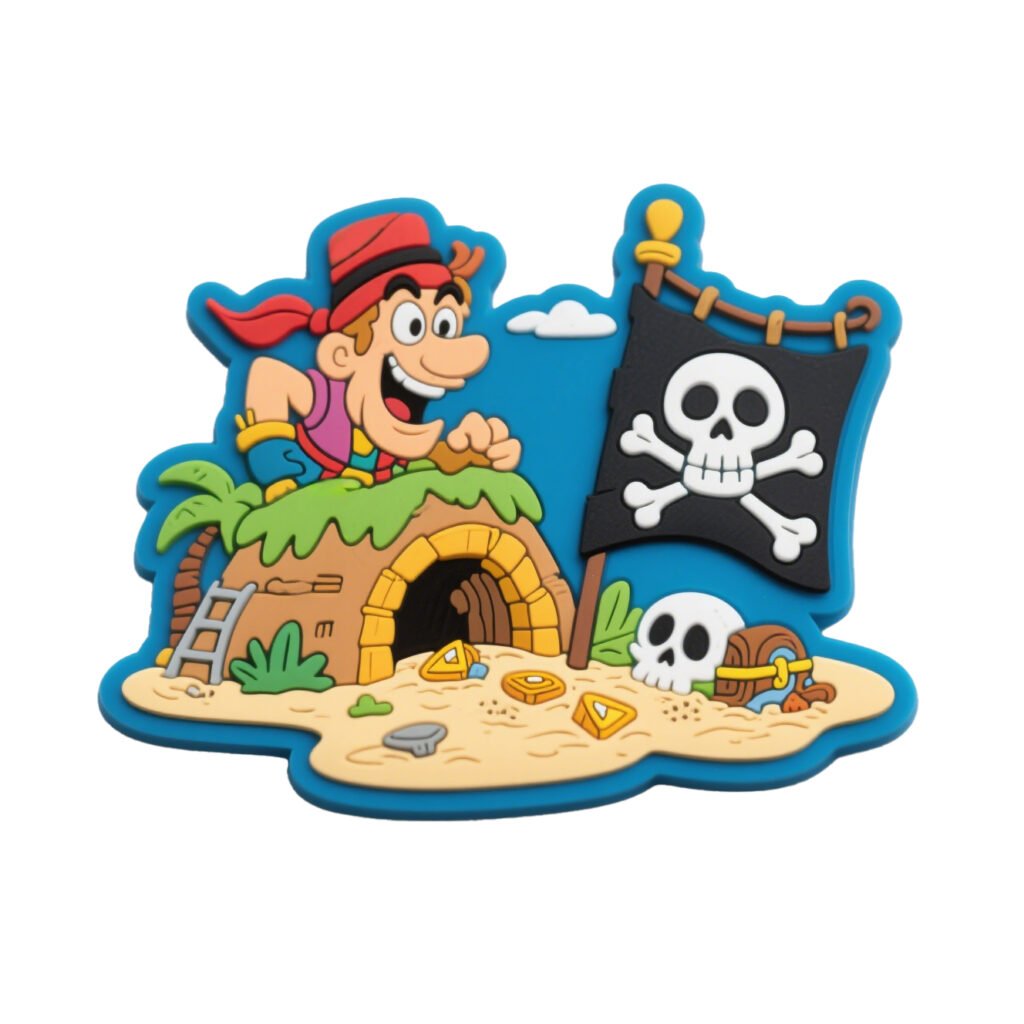3D PVC fridge magnets depicting a vibrant pirate adventure scene. A cartoon pirate with a red bandana peers out from a sandy cave entrance, next to a black Jolly Roger flag with a skull and crossbones. Gold coins and treasure are scattered on the ground. The magnet is colorful, textured, and designed for strong adhesion.