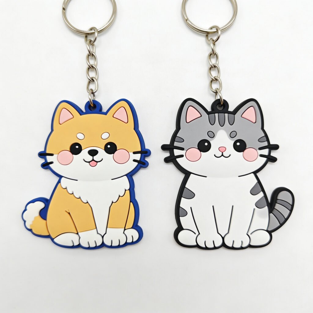 A pair of custom PVC soft rubber keychains featuring a chibi-style Shiba Inu with a sticking-out tongue and a gray tabby cat with an "M" forehead marking, connected by a small metal chain.