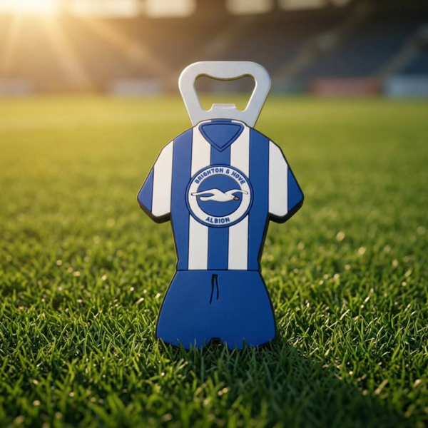 A custom 3D PVC bottle opener shaped like a blue and white striped soccer jersey with a seagull crest, featuring a metal bottle cap lifter and a magnetic back for fridge mounting.