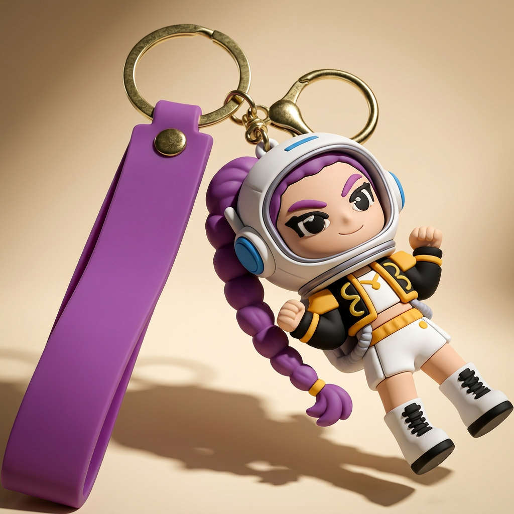 A detailed 3D PVC keychain featuring a cute cartoon girl astronaut with long purple braids and a white spacesuit. She wears a helmet with a clear visor and blue communication devices. Attached to a purple silicone wrist strap and a silver metal key ring.