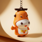 Custom 3D PVC rubber keychain featuring a cute orange cow character with thumbs up, white face, horns & yellow V chest mark on light background