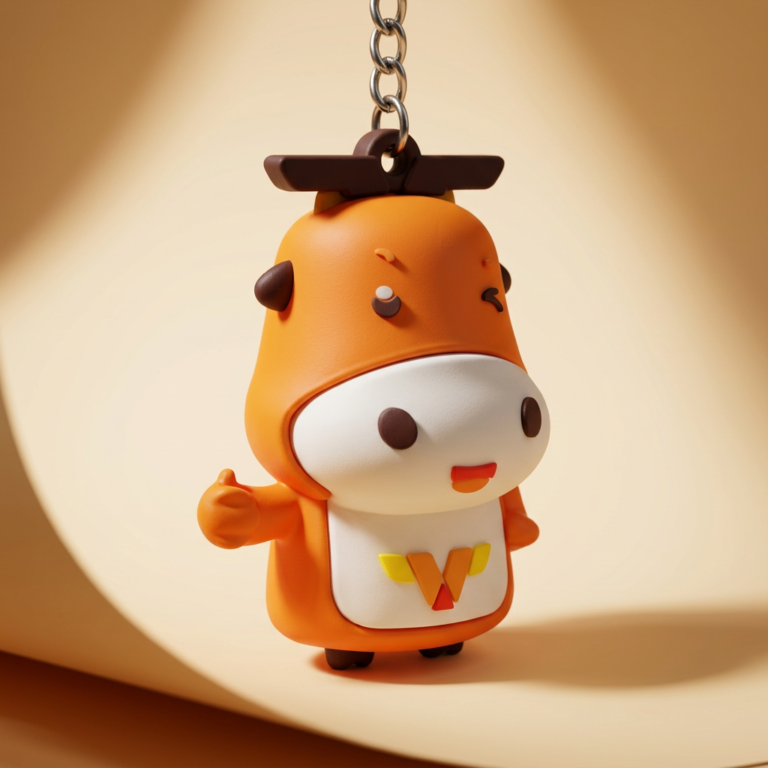 Custom 3D PVC rubber keychain featuring a cute orange cow character with thumbs up, white face, horns & yellow V chest mark on light background