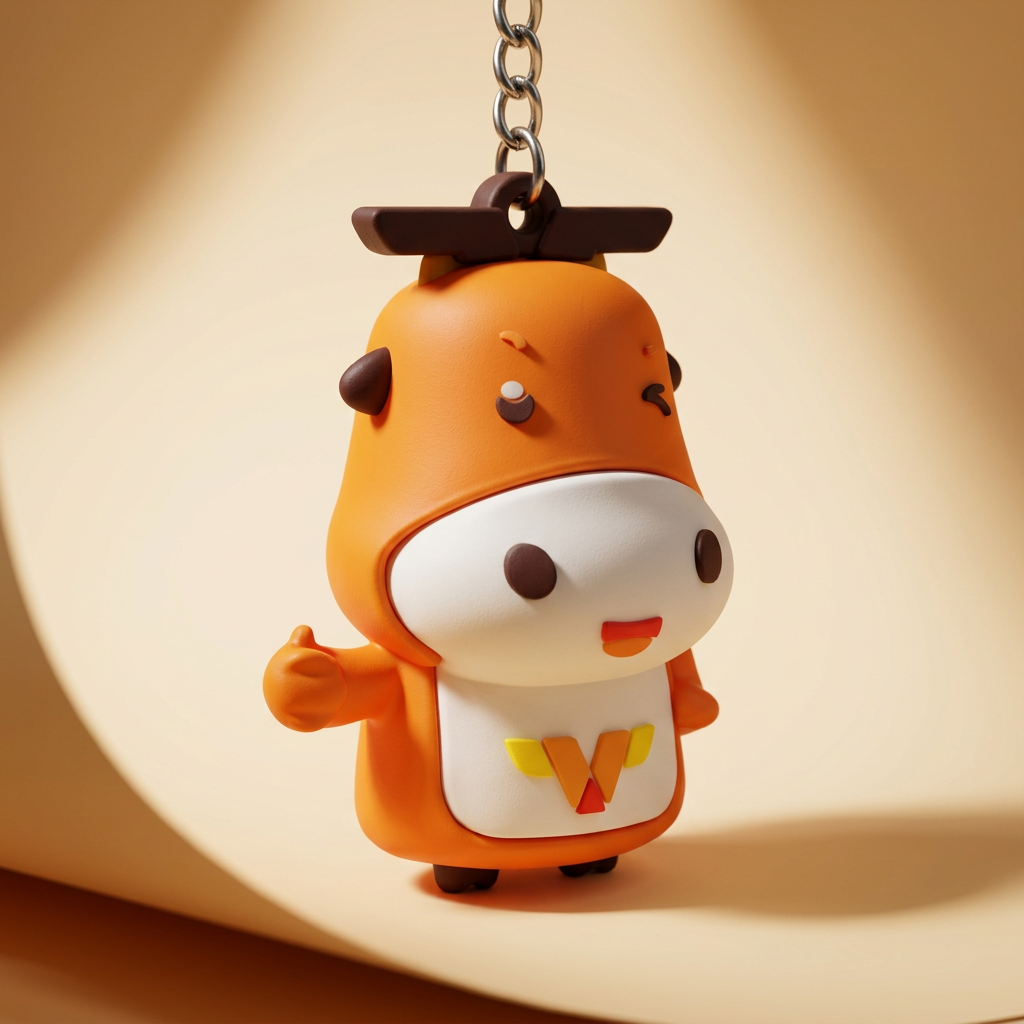 A custom 3D PVC rubber keychain featuring a cute cartoon ox mascot. The character wears orange overalls, gives a thumbs-up gesture, and has a yellow and red "V" logo on its chest. Attached to a silver metal chain and keyring, it showcases a vibrant, dimensional, and tactile design.