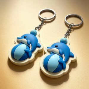 Pair of custom 3D PVC rubber keychains featuring a cute blue dolphin jumping on a striped ball, cloud-shaped base with silver ring on light beige background