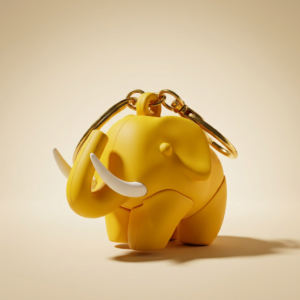 Custom 3D PVC rubber keychain featuring a cute yellow elephant with curved trunk, white tusks & golden ring on light beige background