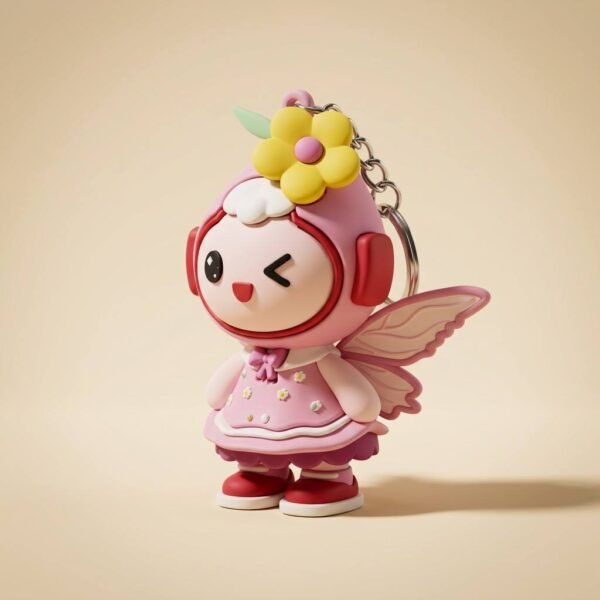 Custom 3D soft PVC keychain featuring a pink cartoon fairy character (with a yellow flower headpiece, butterfly wings, and a pink dress), paired with a metal chain and ring, on a light beige solid-color background