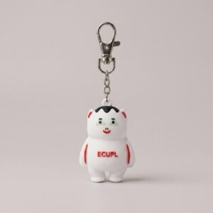 Custom 3D soft PVC keychain featuring a dimensional cartoon figurine design with a white body, red accents, and "ECUPL" lettering, topped with a metal lobster clasp and chain, on a light gray background