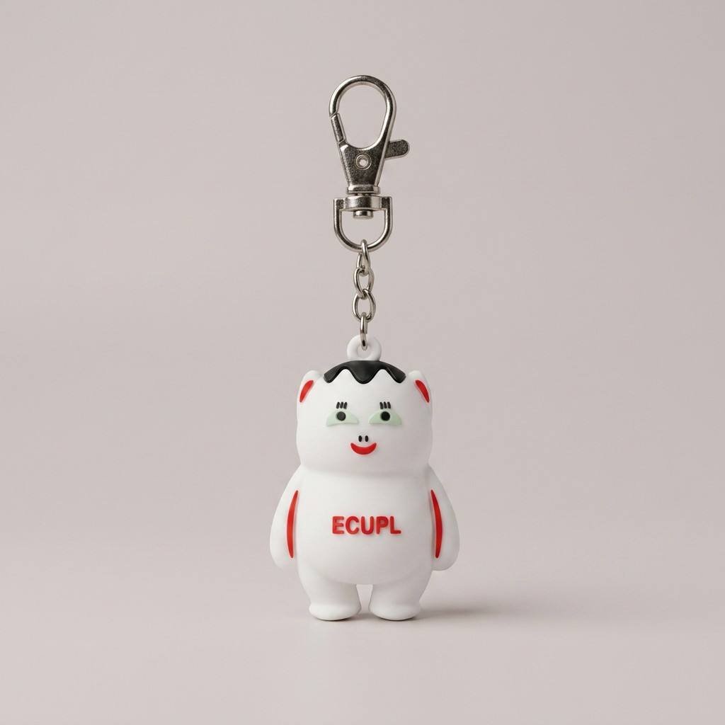 Custom 3D PVC keychains featuring a cute, minimalist white cartoon mascot with red inner ears, green eyes, a black fringe, and "ECUPL" text on its chest, attached to a silver metal lobster clasp.