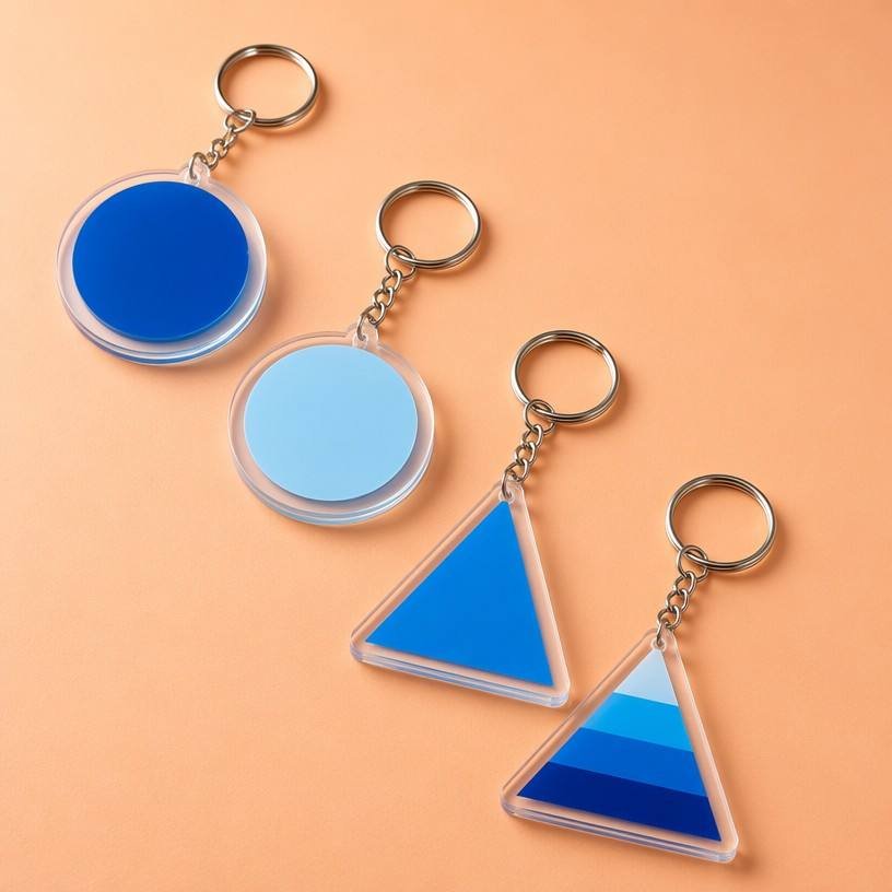 Acrylic geometric keychains featuring solid-color circular discs and gradient triangular pendants, encased in crystal-clear edges and paired with metallic chains against a warm ochre backdrop.