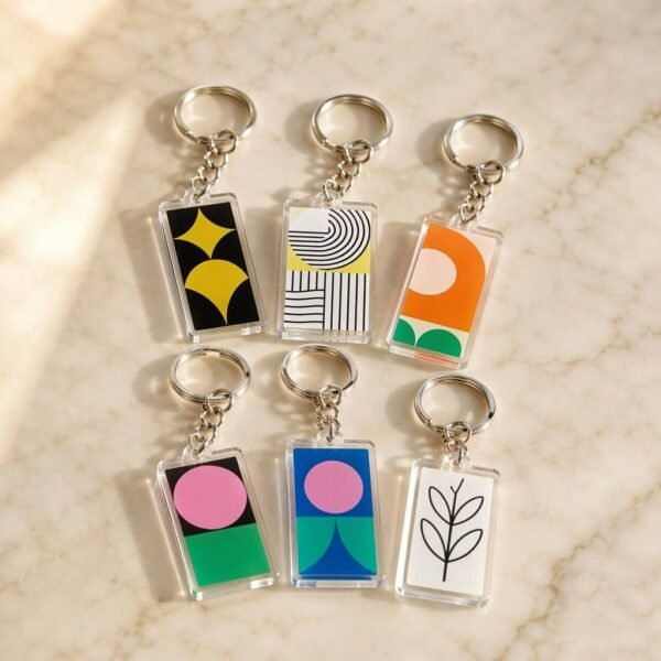 A set of six minimalist modern custom acrylic keychains. Each features a rectangular clear acrylic frame encasing bold geometric and abstract patterns: yellow stars and semicircles, black-and-white maze stripes, orange-green-pink color blocks, pink-green-blue concentric变形 shapes, and black-and-white botanical line art. Attached via short metal chains to silver split rings, displayed on a marbled textured background with dappled light and shadow.