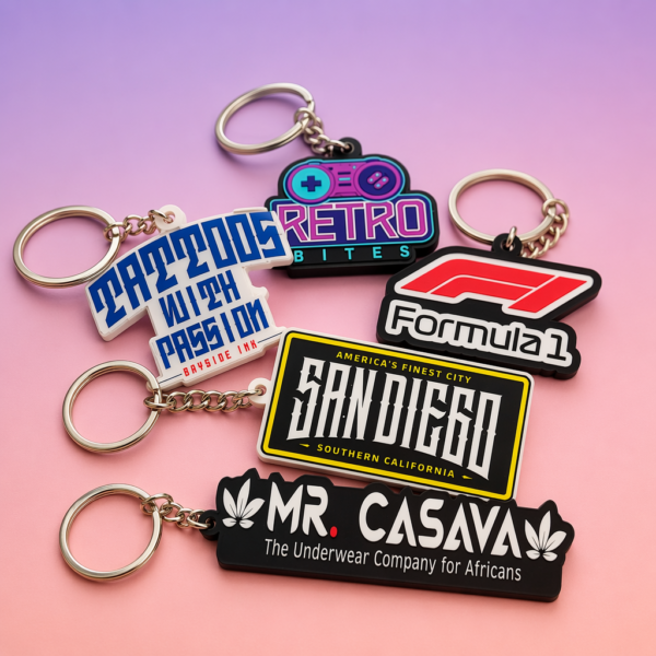 Custom Acrylic Keychains Creative Multicolor Text Charms A set of five colorful custom acrylic keychains. Designs include a "Formula 1" logo, a "SAN DIEGO" license plate style tag, and other creative graphic patterns. Each piece features a glossy protective film and is attached via a silver metal chain and split ring.