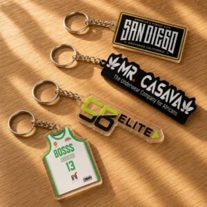Custom Acrylic Keychains Personalized Text & Graphic Designs Set of 4 custom acrylic keychains with city, brand, sports jersey & slogan designs on wood background