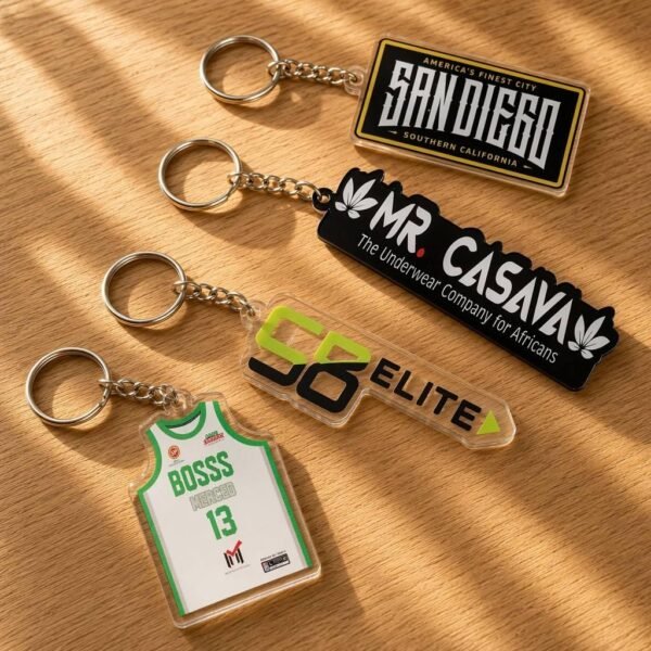 Custom Acrylic Keychains Personalized Text & Graphic Designs Set of 4 custom acrylic keychains with city, brand, sports jersey & slogan designs on wood background
