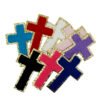 Multicolor cross-shaped chenille embroidered patch with plush 3D pile texture and shiny gold metallic merrowed border, displayed on plain white background, suitable for apparel trims, DIY crafts, and garment decoration.