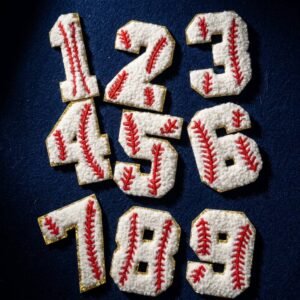 Custom Chenille Patch Baseball-Style Number Digit Morale Patch Baseball-style chenille numbers with red stitching on a white base, featuring digits 1 through 9 with gold-tone trim edging, displayed on a dark blue background