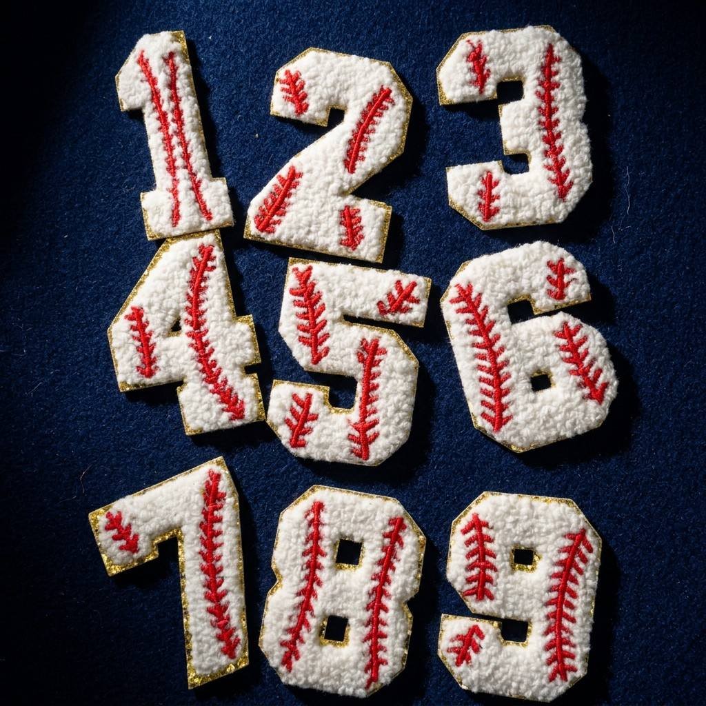 Set of chenille patches (1-9) on a navy background; white plush texture with red baseball stitching details and gold metallic edging for varsity-style customization.