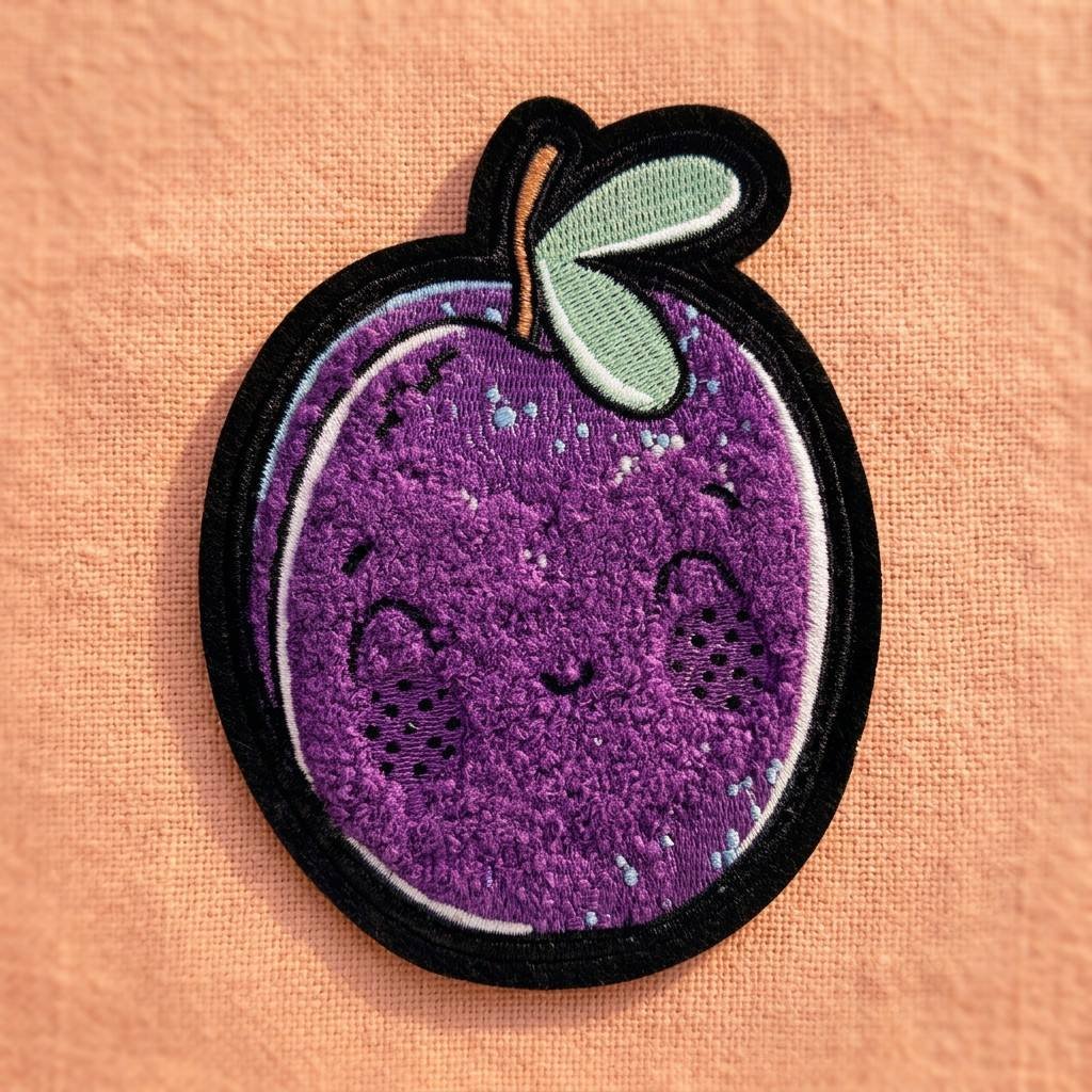 Custom chenille patch featuring purple cartoon fruits with smiley faces, green leaves, and brown stems, finished with black overlock edging, on a light orange linen background