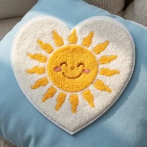 Custom Chenille Patch Heart Sun Smiley Face Custom chenille patch, heart-shaped white base fabric with a yellow smiling sun design at the center and pink blush accents, placed on light blue felt fabric