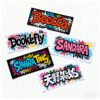 Custom colorful graffiti-style embroidered garment labels featuring trendy text such as "Beecca", "Dookelfly", "SANDARA", and Japanese kanji characters, on black / white base fabric with neon thread accents, on a pure white background